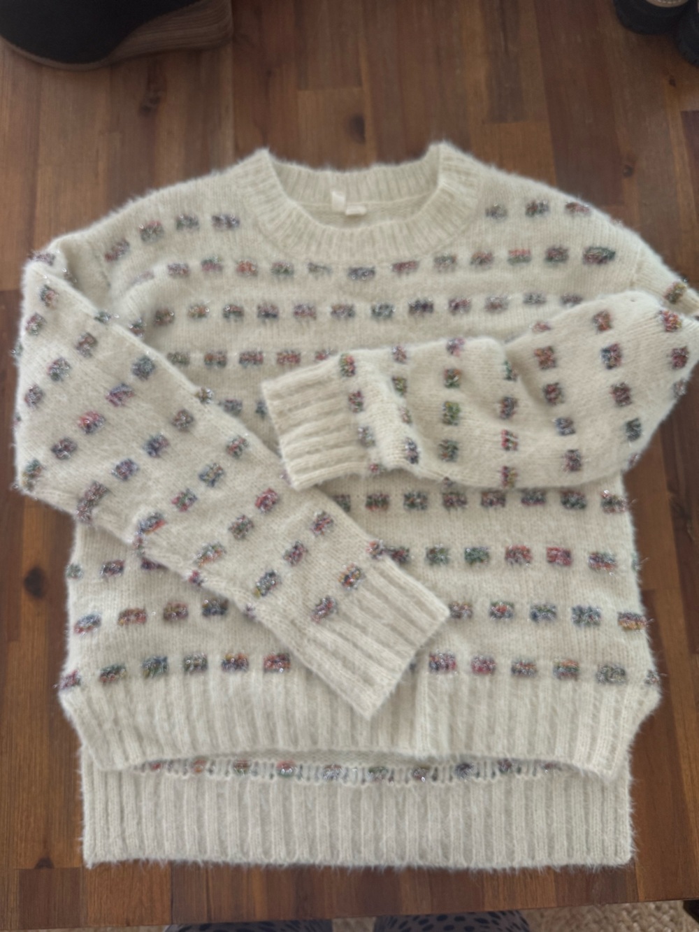 Anthropologie Moth Cream Fuzzy Crewneck Sweater with Multicolor Sequin Dots